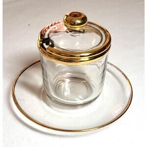 Vtg 40s 50s Jeannette Glass Gold Gilding Trim Mustard Honey Jar Lid Saucer Plate